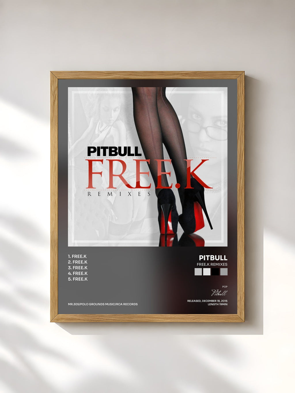 #bois Tableau de l'album FREE.K Remixes de Pitbull, cadre en bois brut, imprimé et encadré en France