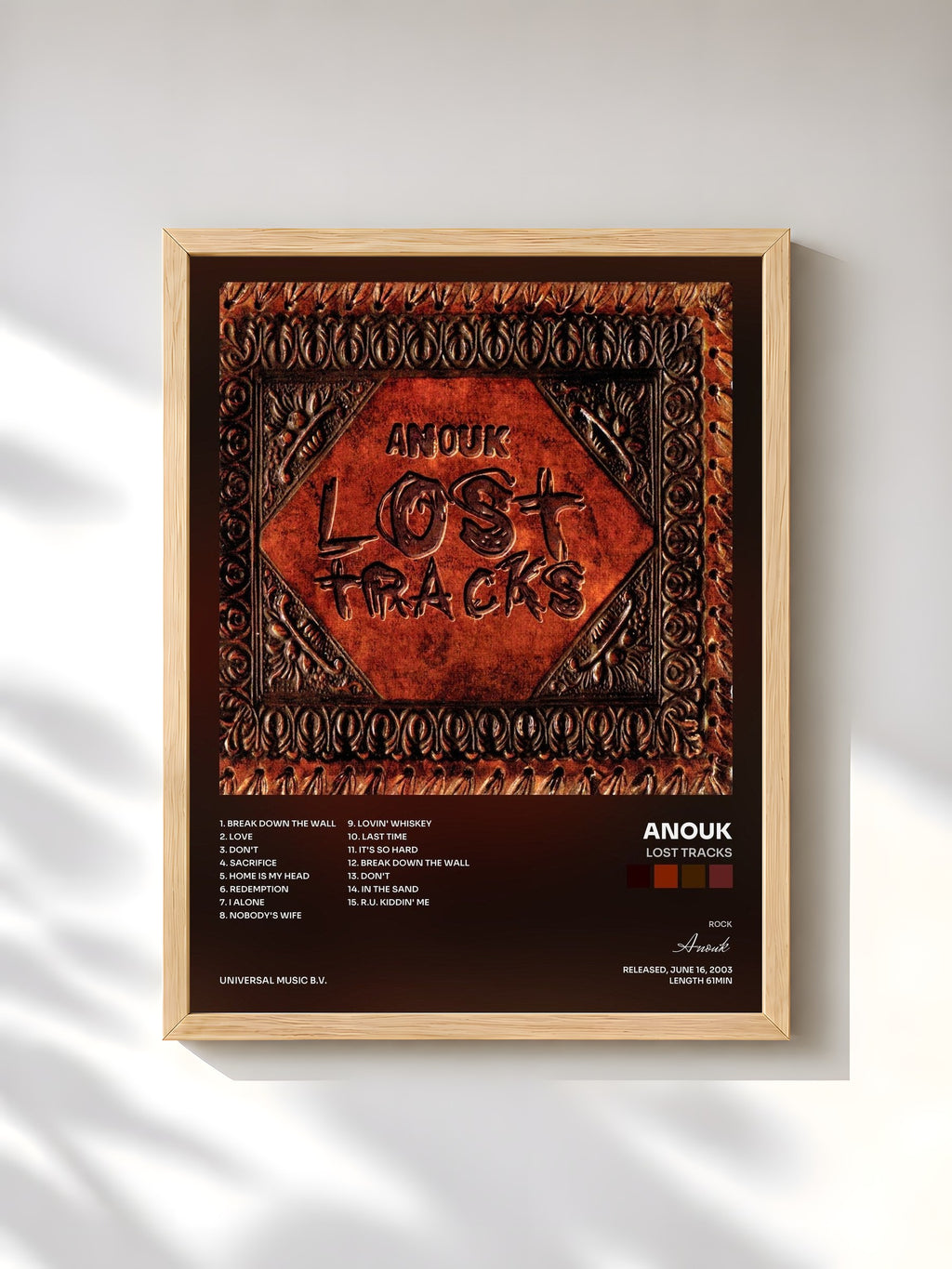 #bois Tableau de l'album Lost Tracks de Anouk, cadre en bois brut, imprimé et encadré en France