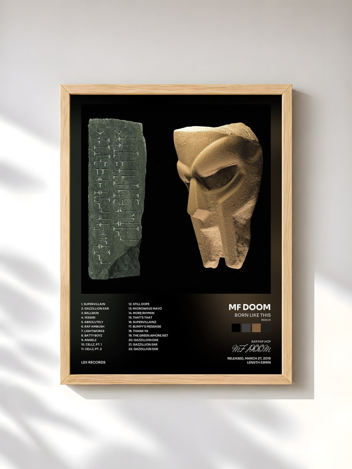 #bois Tableau de l'album BORN LIKE THIS (Redux) de MF DOOM, cadre en bois brut, imprimé et encadré en France