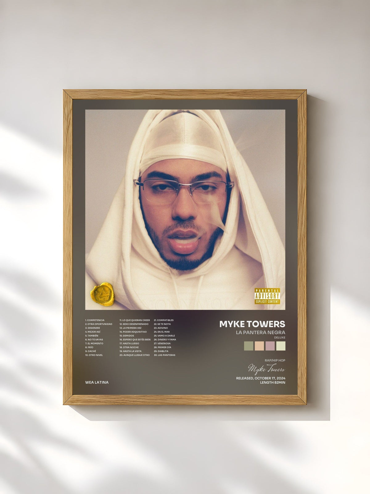 #bois Tableau de l'album LA PANTERA NEGRA (DELUXE) de Myke Towers, cadre en bois brut, imprimé et encadré en France