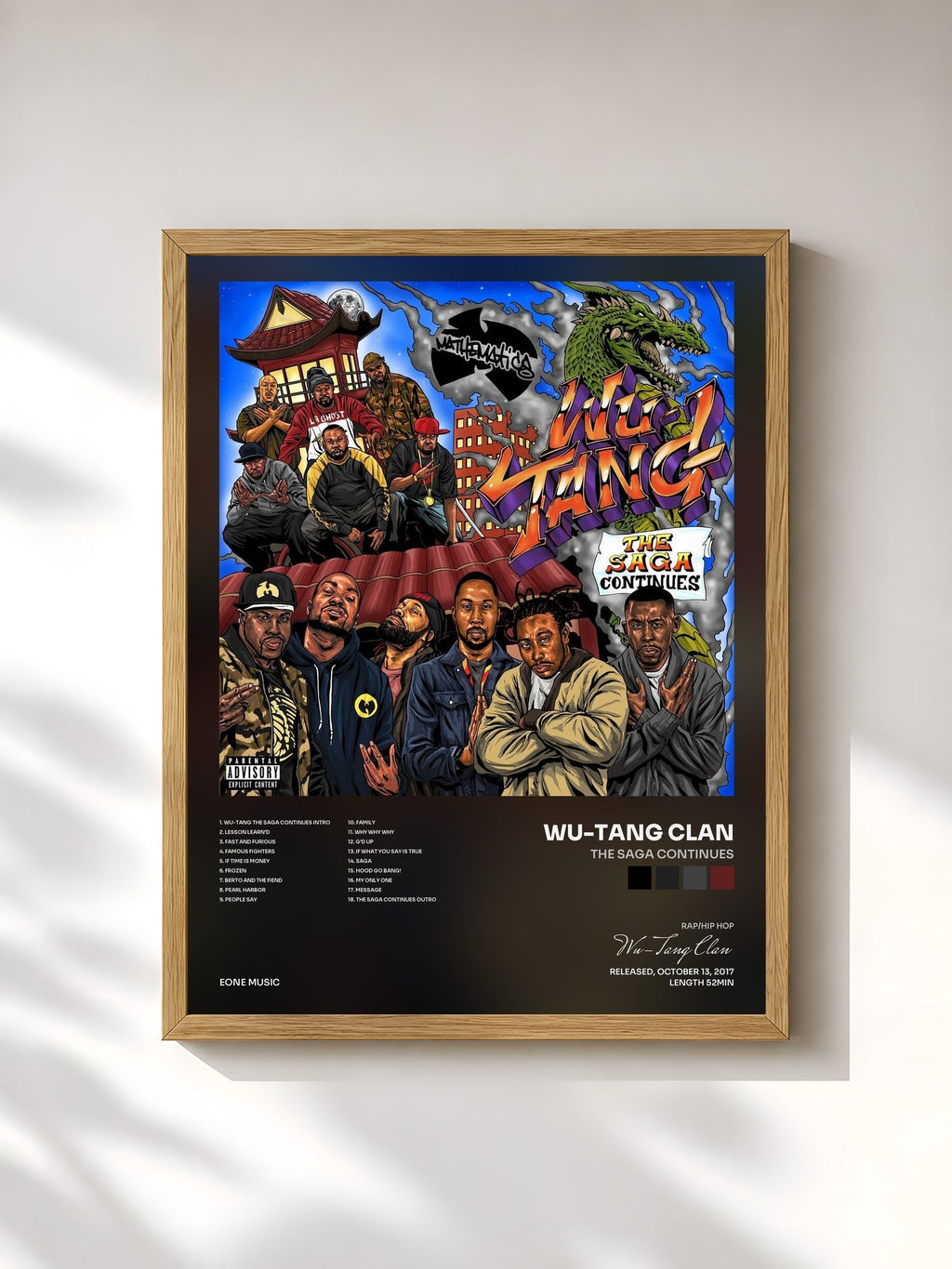 #bois Tableau de l'album The Saga Continues de Wu-Tang Clan, cadre en bois brut, imprimé et encadré en France