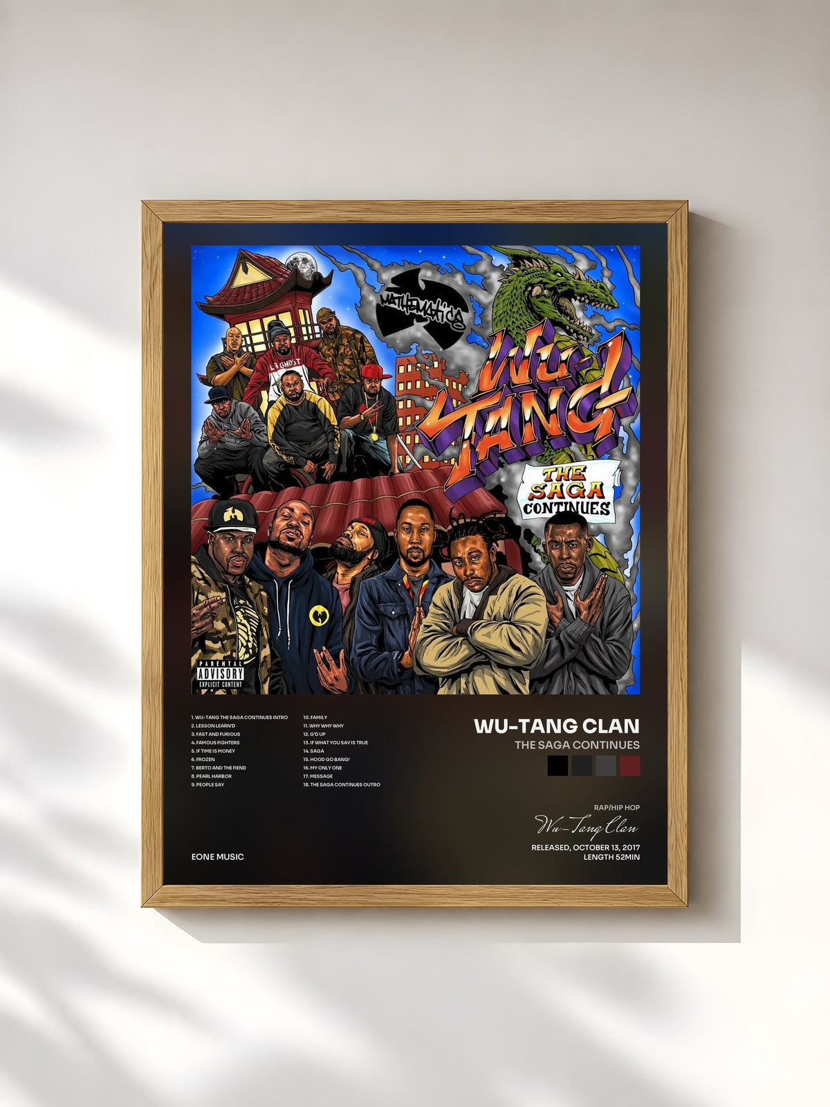 #bois Tableau de l'album The Saga Continues de Wu-Tang Clan, cadre en bois brut, imprimé et encadré en France