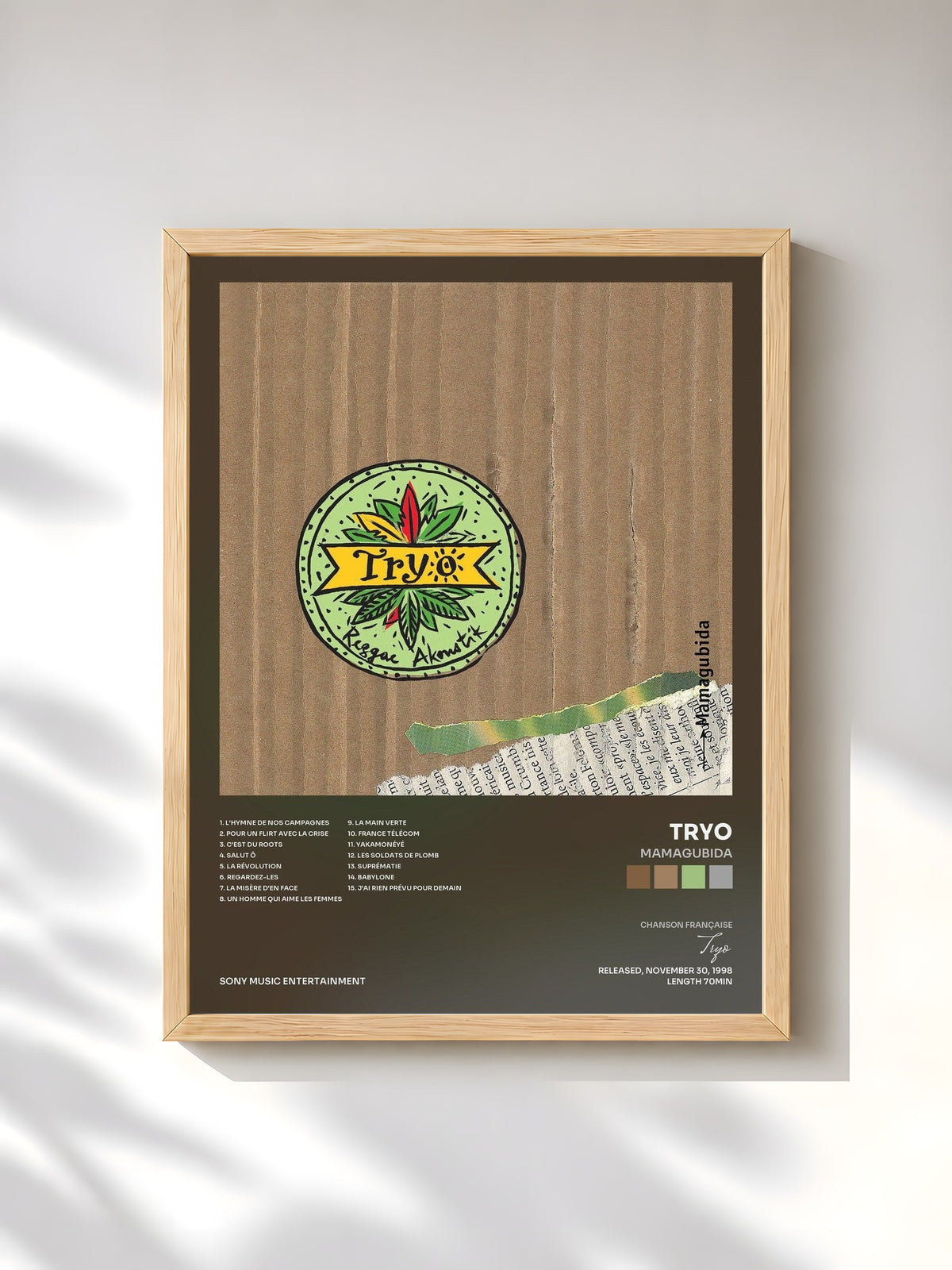 #bois Tableau de l'album Mamagubida de Tryo, cadre en bois brut, imprimé et encadré en France