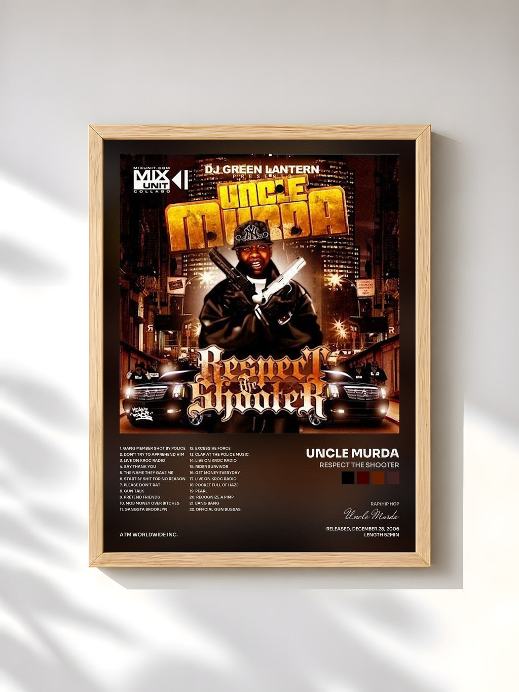 #bois Tableau de l'album Respect the Shooter de Uncle Murda, cadre en bois brut, imprimé et encadré en France