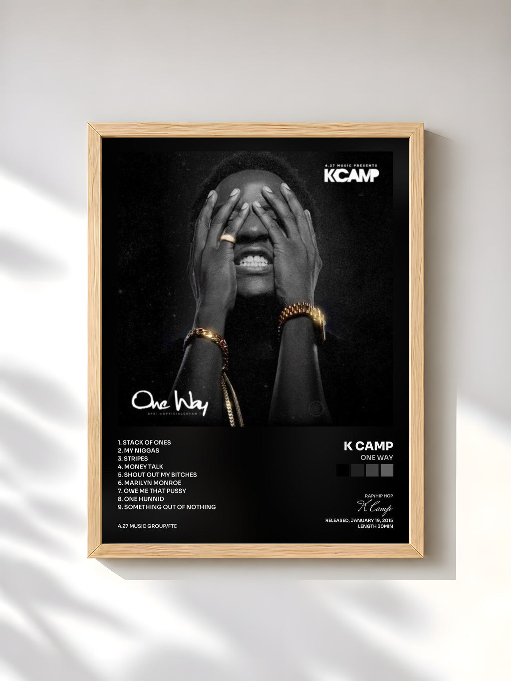#bois Tableau de l'album One Way de K Camp, cadre en bois brut, imprimé et encadré en France