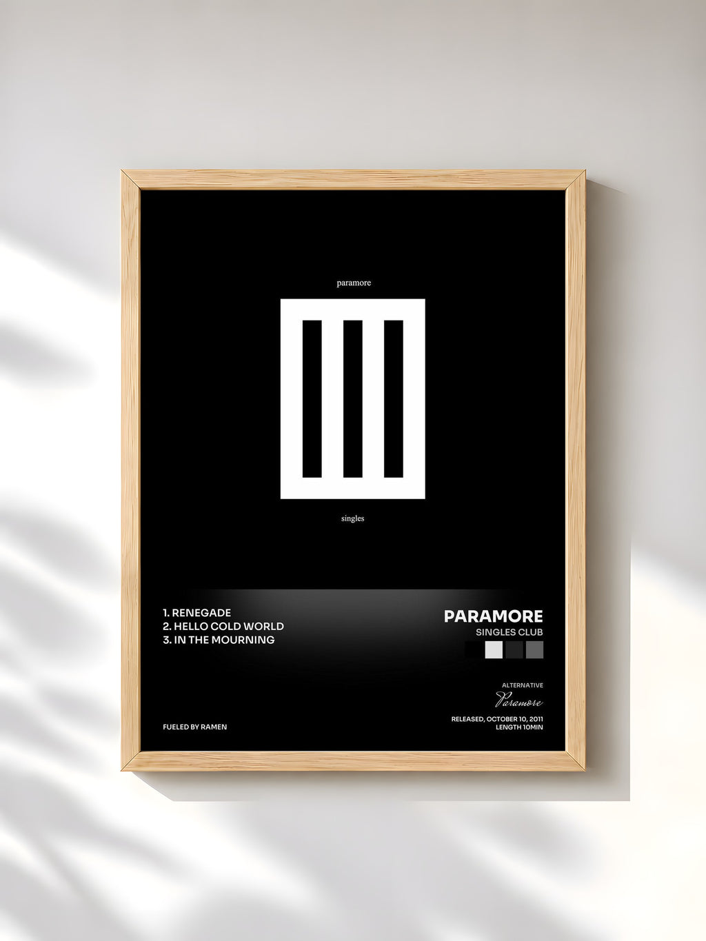 #bois Tableau de l'album Singles Club de Paramore, cadre en bois brut, imprimé et encadré en France