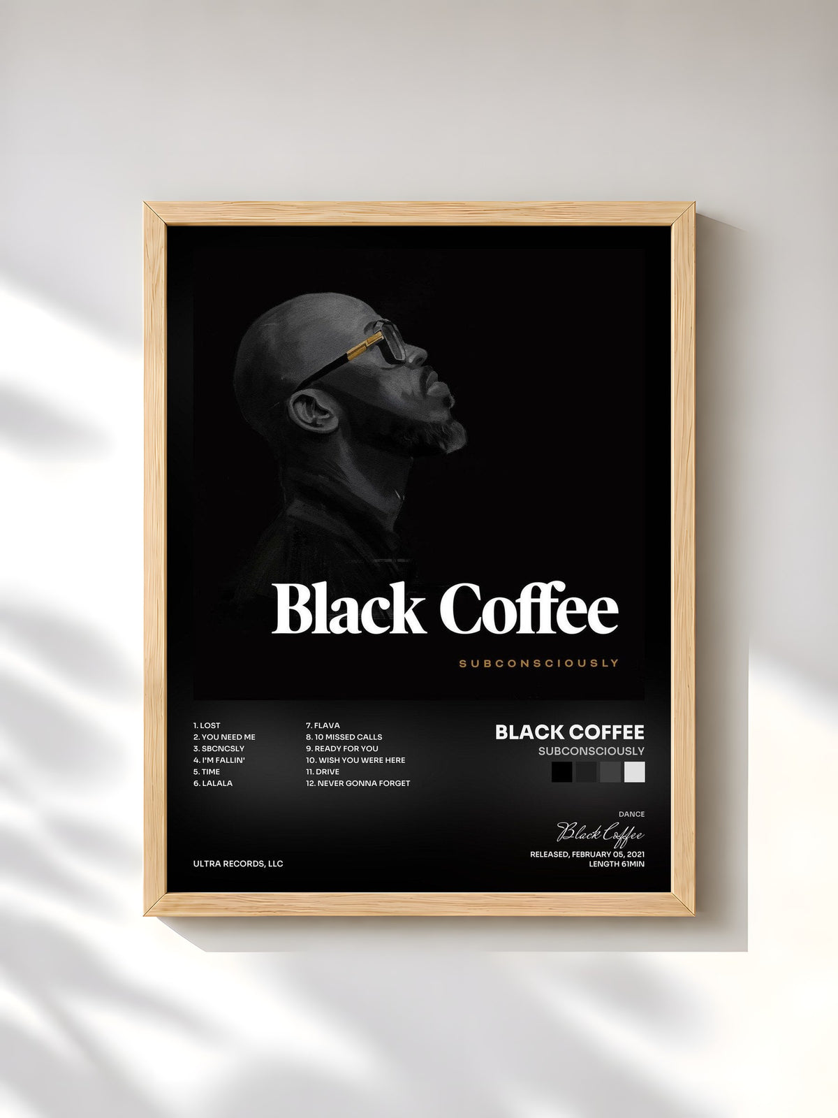#bois Tableau de l'album Subconsciously de Black Coffee, cadre en bois brut, imprimé et encadré en France
