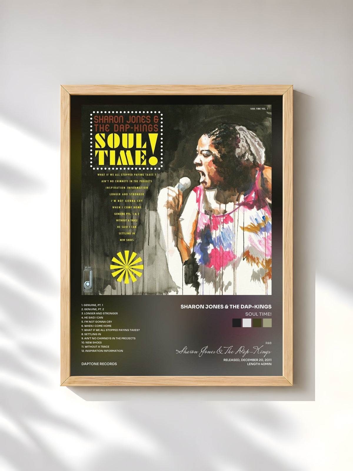 #bois Tableau de l'album Soul Time! de Sharon Jones & The Dap-Kings, cadre en bois brut, imprimé et encadré en France
