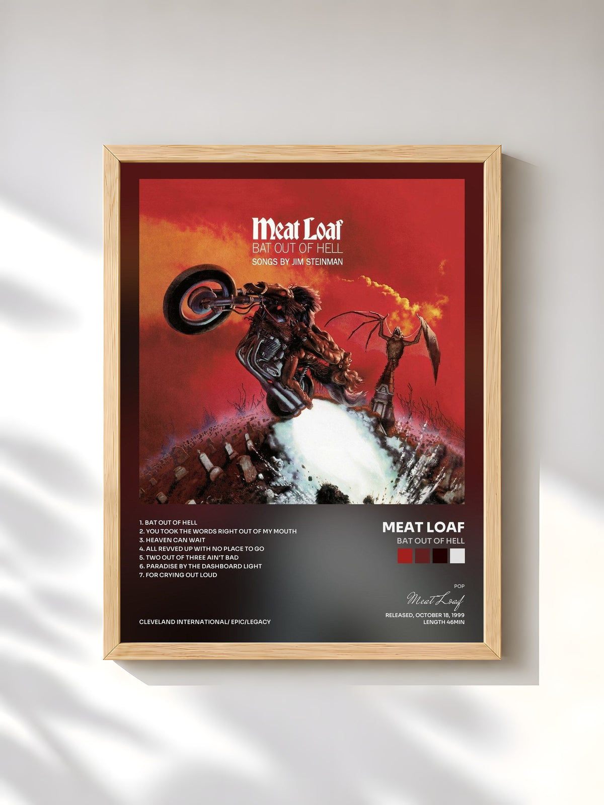 #bois Tableau de l'album Bat Out Of Hell de Meat Loaf, cadre en bois brut, imprimé et encadré en France