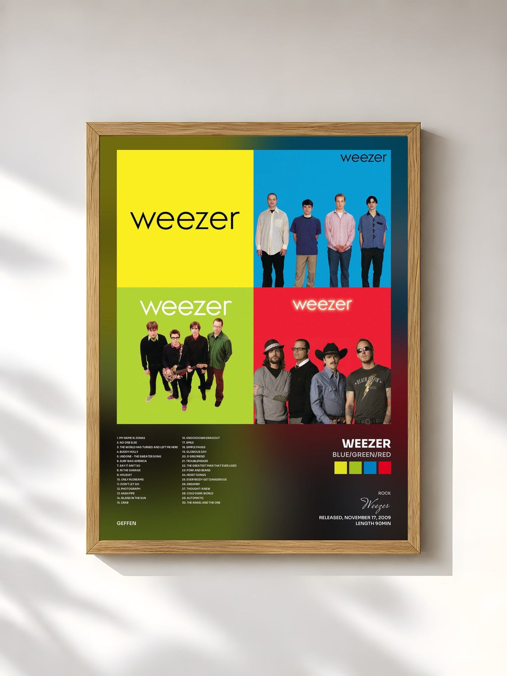 #bois Tableau de l'album Blue/Green/Red de Weezer, cadre en bois brut, imprimé et encadré en France