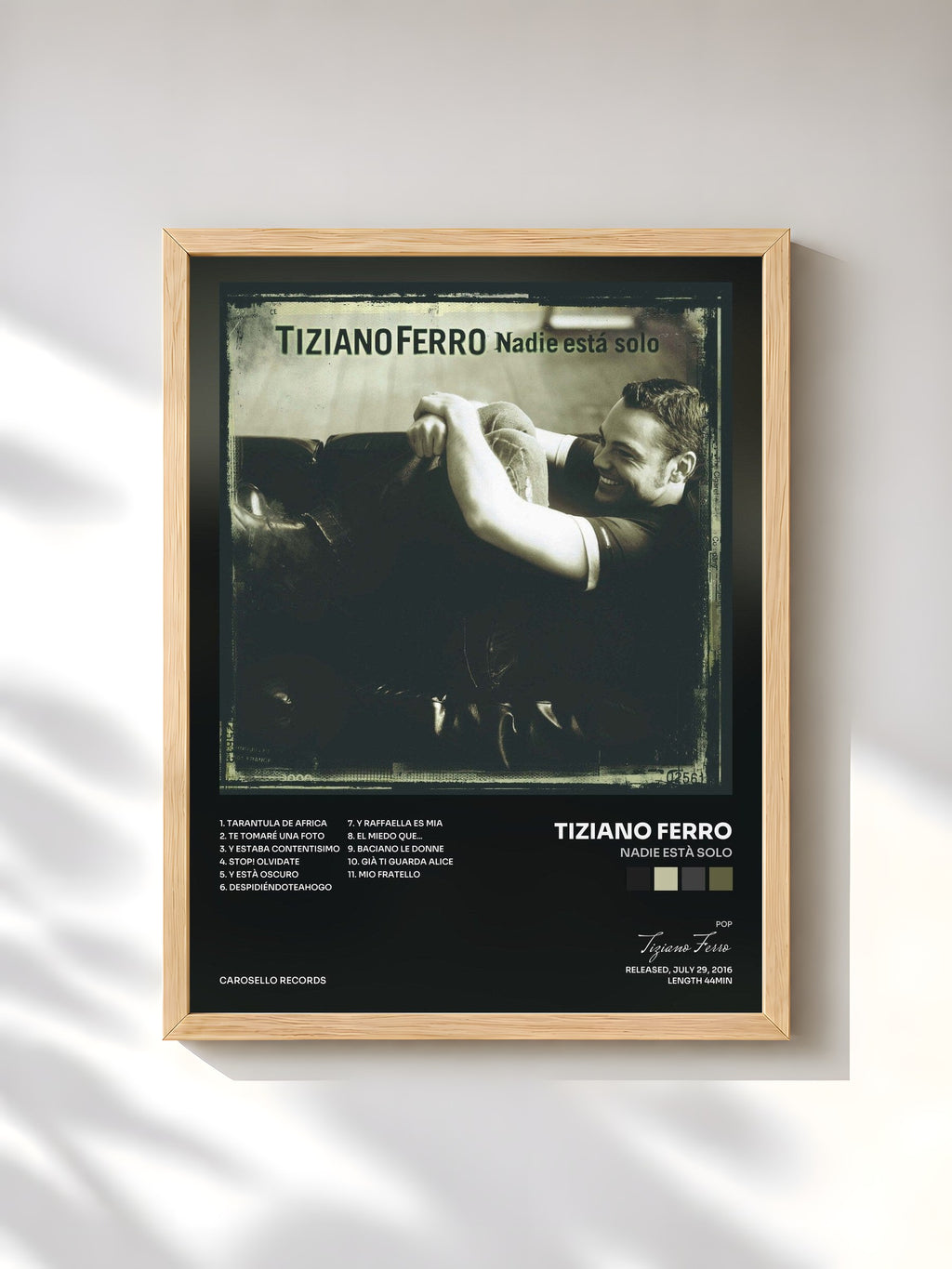#bois Tableau de l'album Nadie està solo de Tiziano Ferro, cadre en bois brut, imprimé et encadré en France