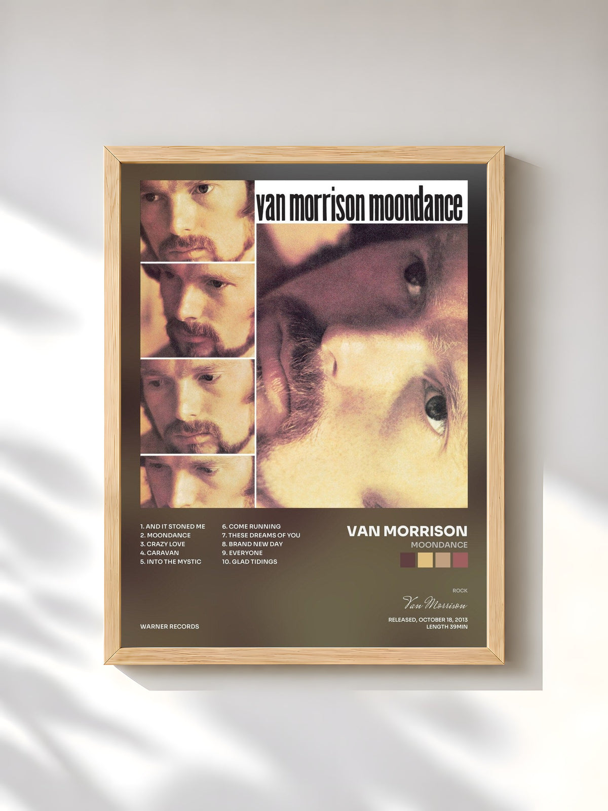 #bois Tableau de l'album Moondance de Van Morrison, cadre en bois brut, imprimé et encadré en France
