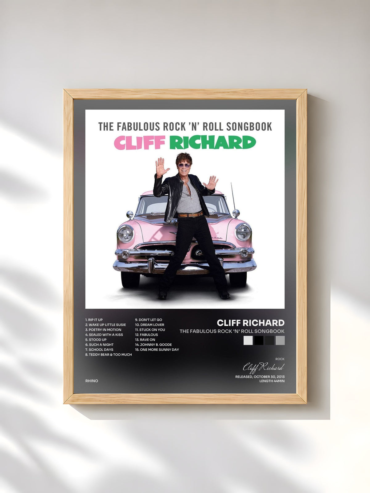 #bois Tableau de l'album The Fabulous Rock 'n' Roll Songbook de Cliff Richard, cadre en bois brut, imprimé et encadré en France