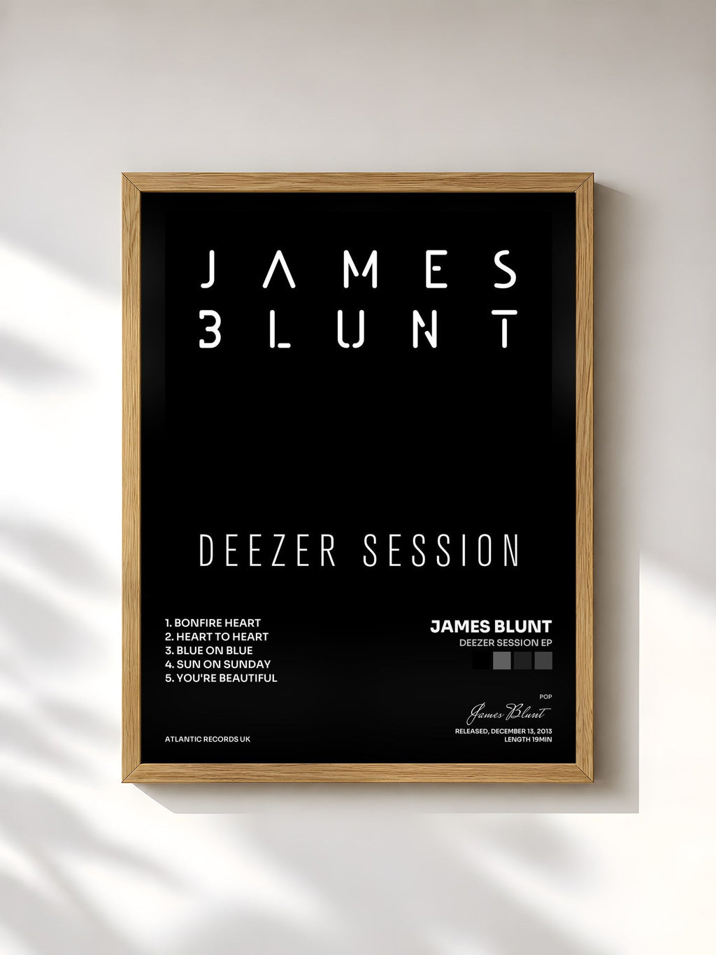 #bois Tableau de l'album Deezer Session EP de James Blunt, cadre en bois brut, imprimé et encadré en France