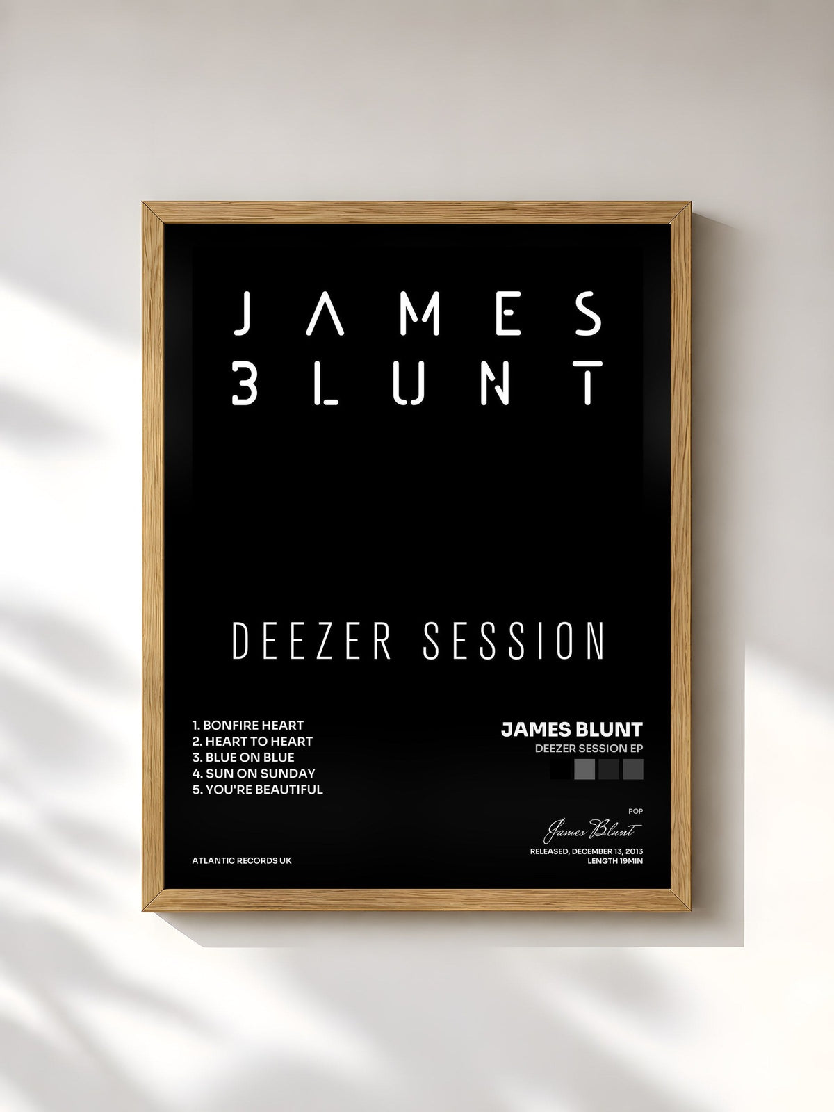 #bois Tableau de l'album Deezer Session EP de James Blunt, cadre en bois brut, imprimé et encadré en France