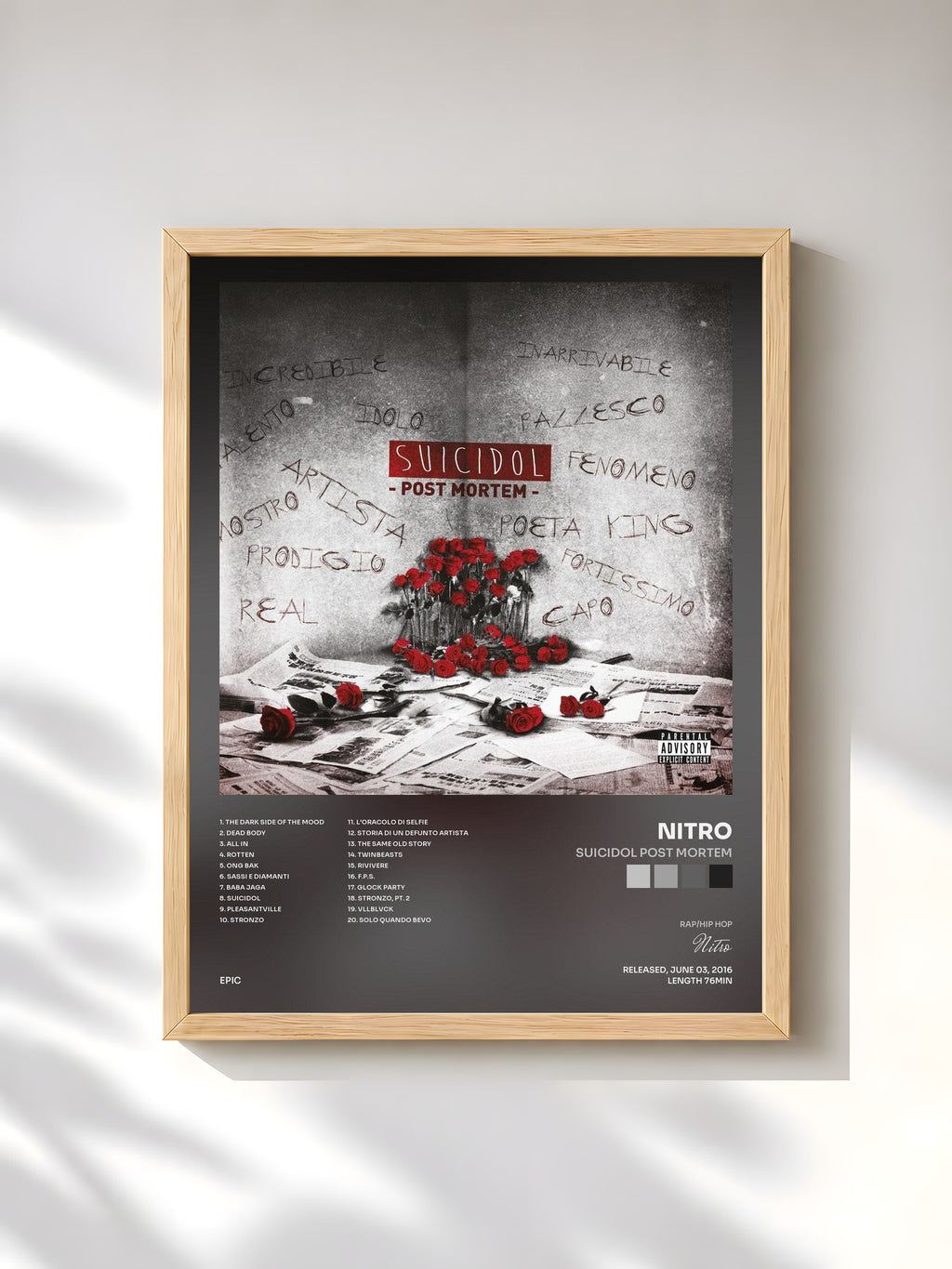 #bois Tableau de l'album Suicidol Post Mortem de Nitro, cadre en bois brut, imprimé et encadré en France