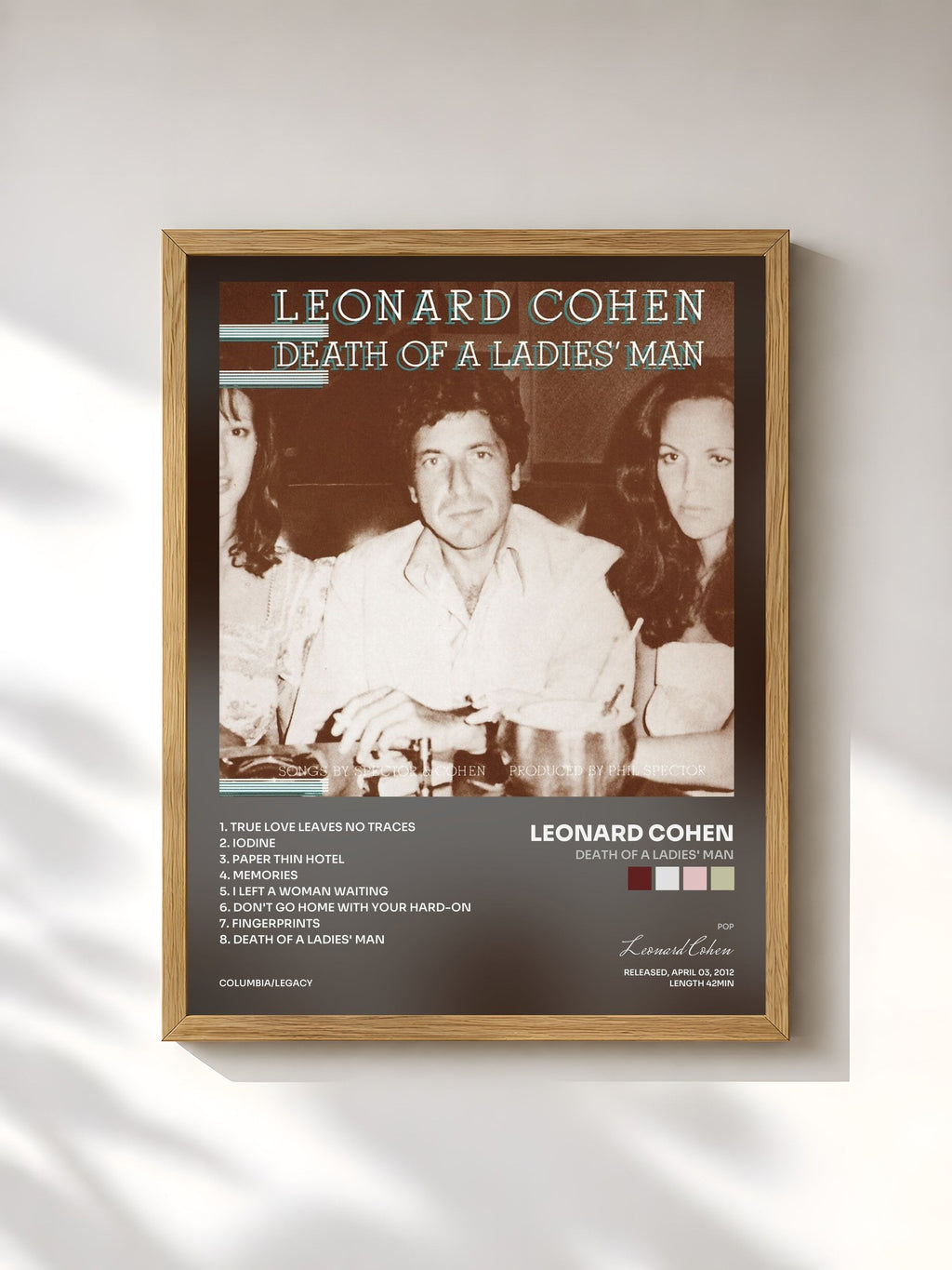 #bois Tableau de l'album Death Of A Ladies' Man de Leonard Cohen, cadre en bois brut, imprimé et encadré en France