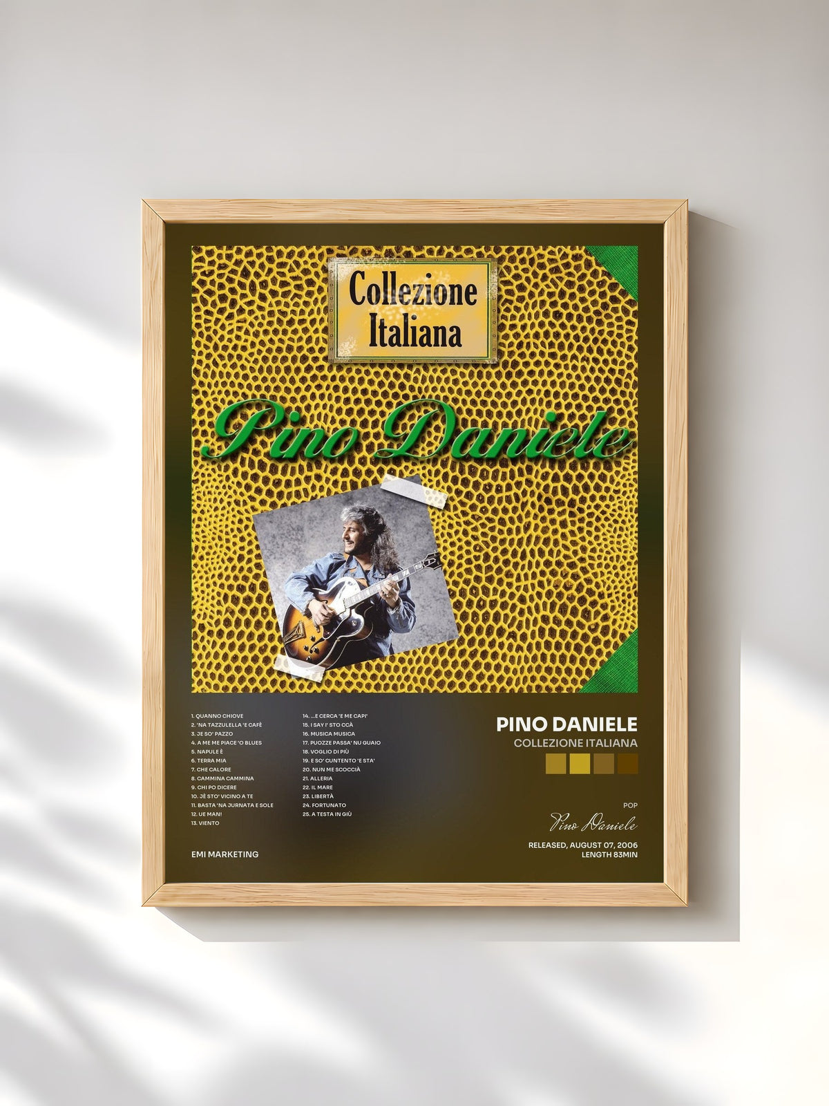 #bois Tableau de l'album Collezione Italiana de Pino Daniele, cadre en bois brut, imprimé et encadré en France