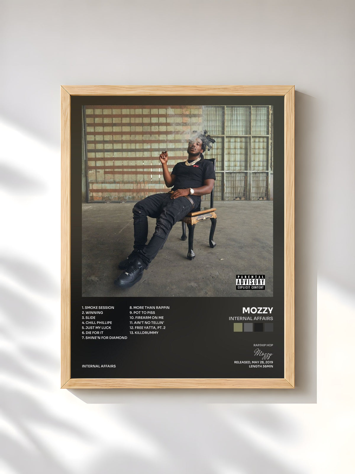 #bois Tableau de l'album Internal Affairs de Mozzy, cadre en bois brut, imprimé et encadré en France