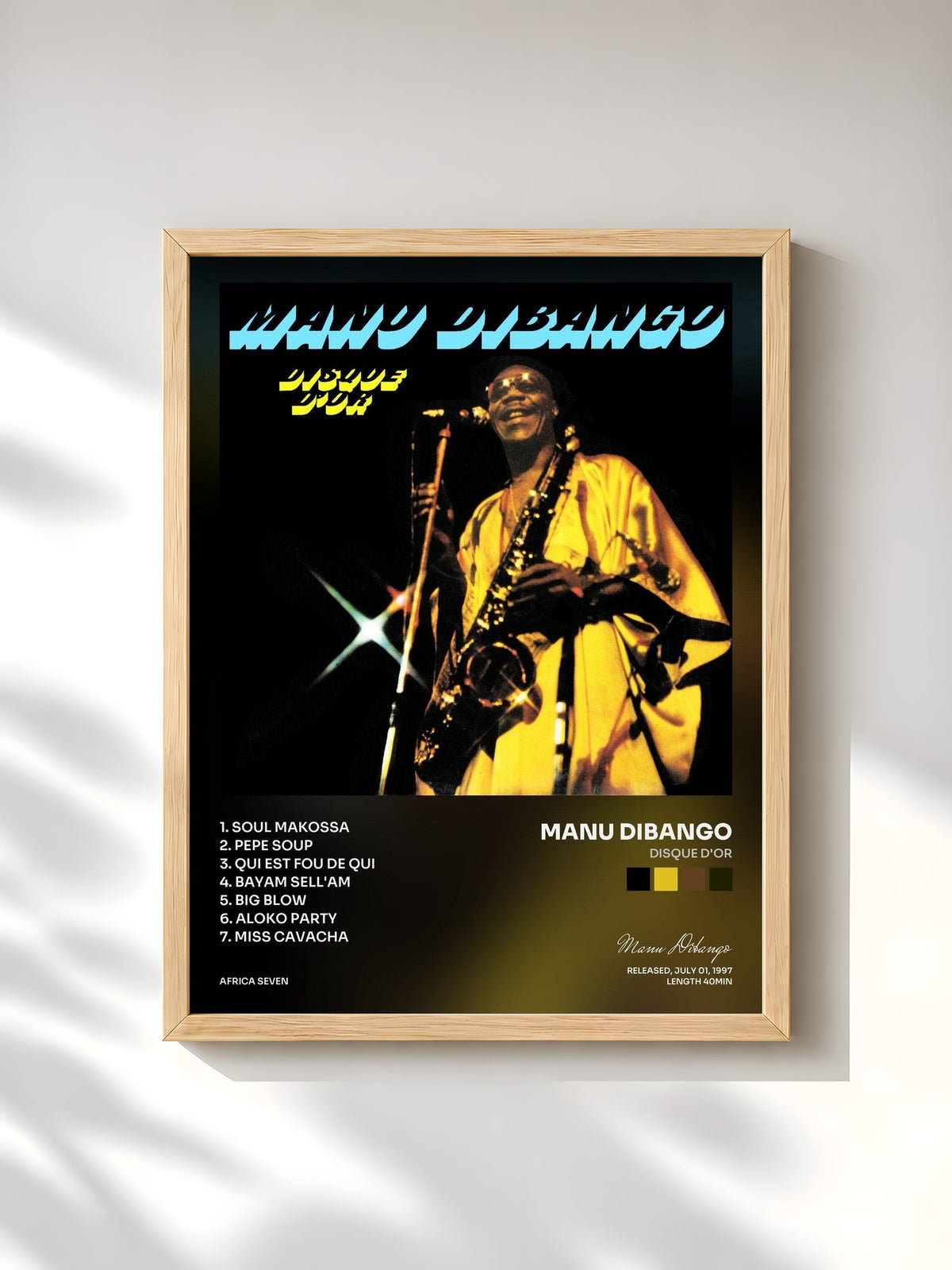 #bois Tableau de l'album Disque D'Or de Manu Dibango, cadre en bois brut, imprimé et encadré en France
