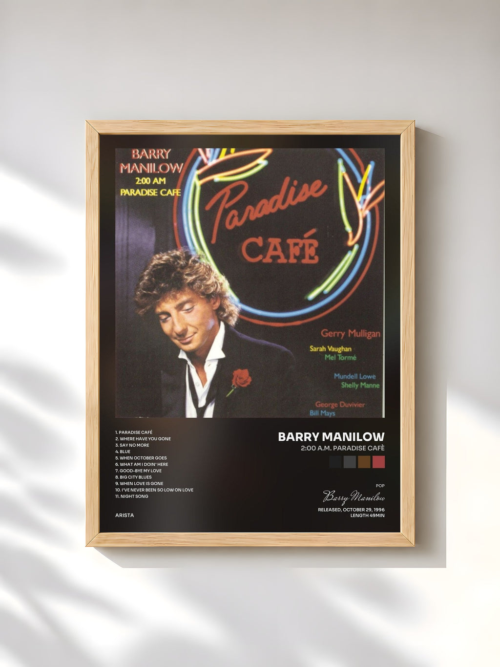 #bois Tableau de l'album 2:00 A.M. Paradise Cafè de Barry Manilow, cadre en bois brut, imprimé et encadré en France
