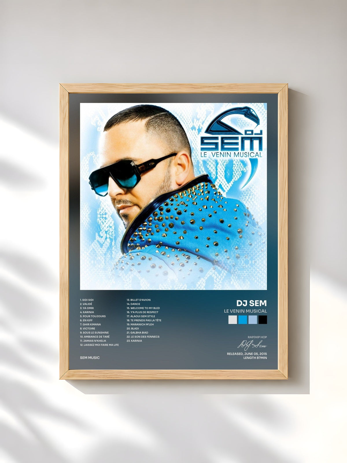 #bois Tableau de l'album Le venin musical de DJ Sem, cadre en bois brut, imprimé et encadré en France