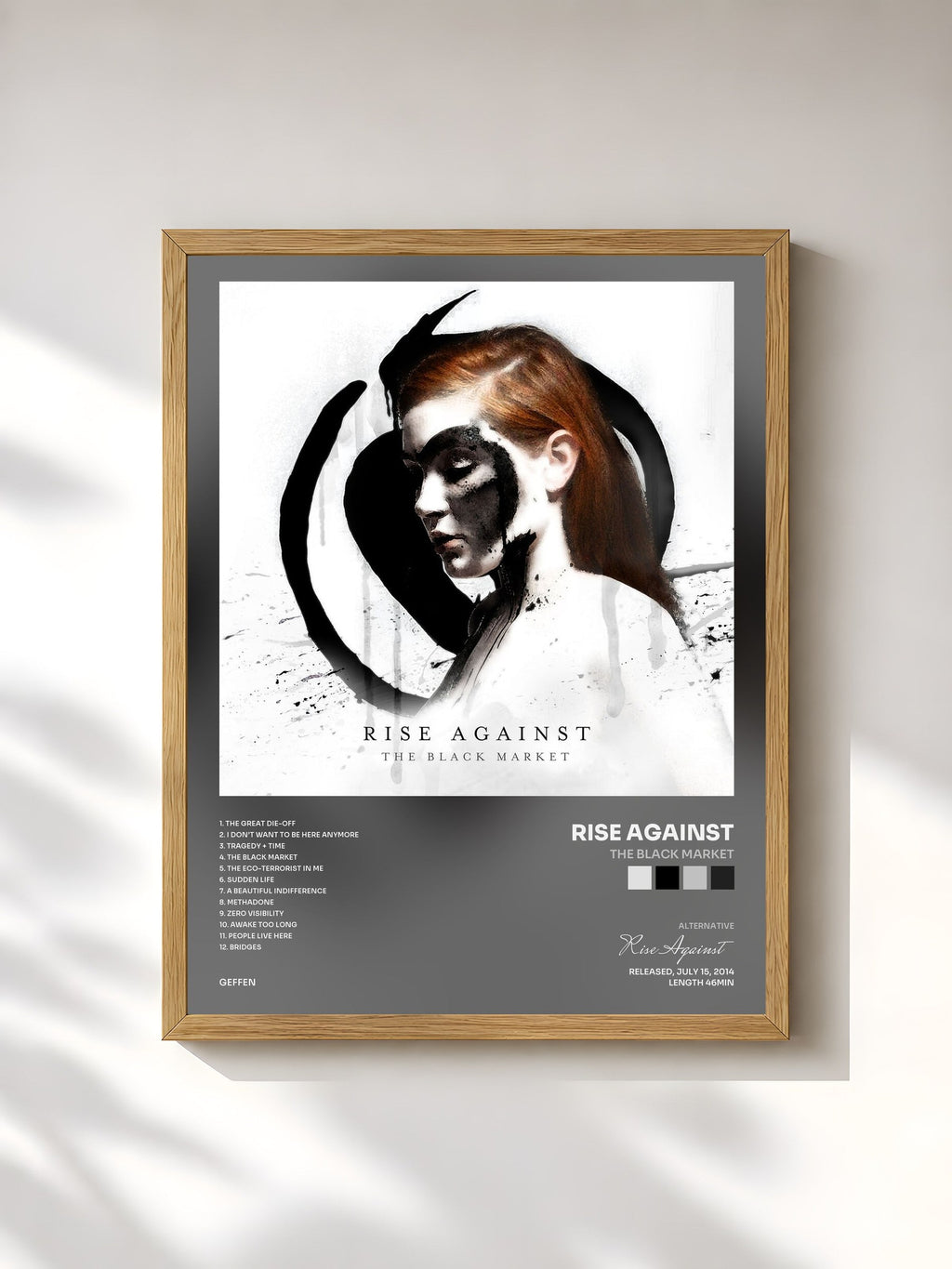 #bois Tableau de l'album The Black Market de Rise Against, cadre en bois brut, imprimé et encadré en France