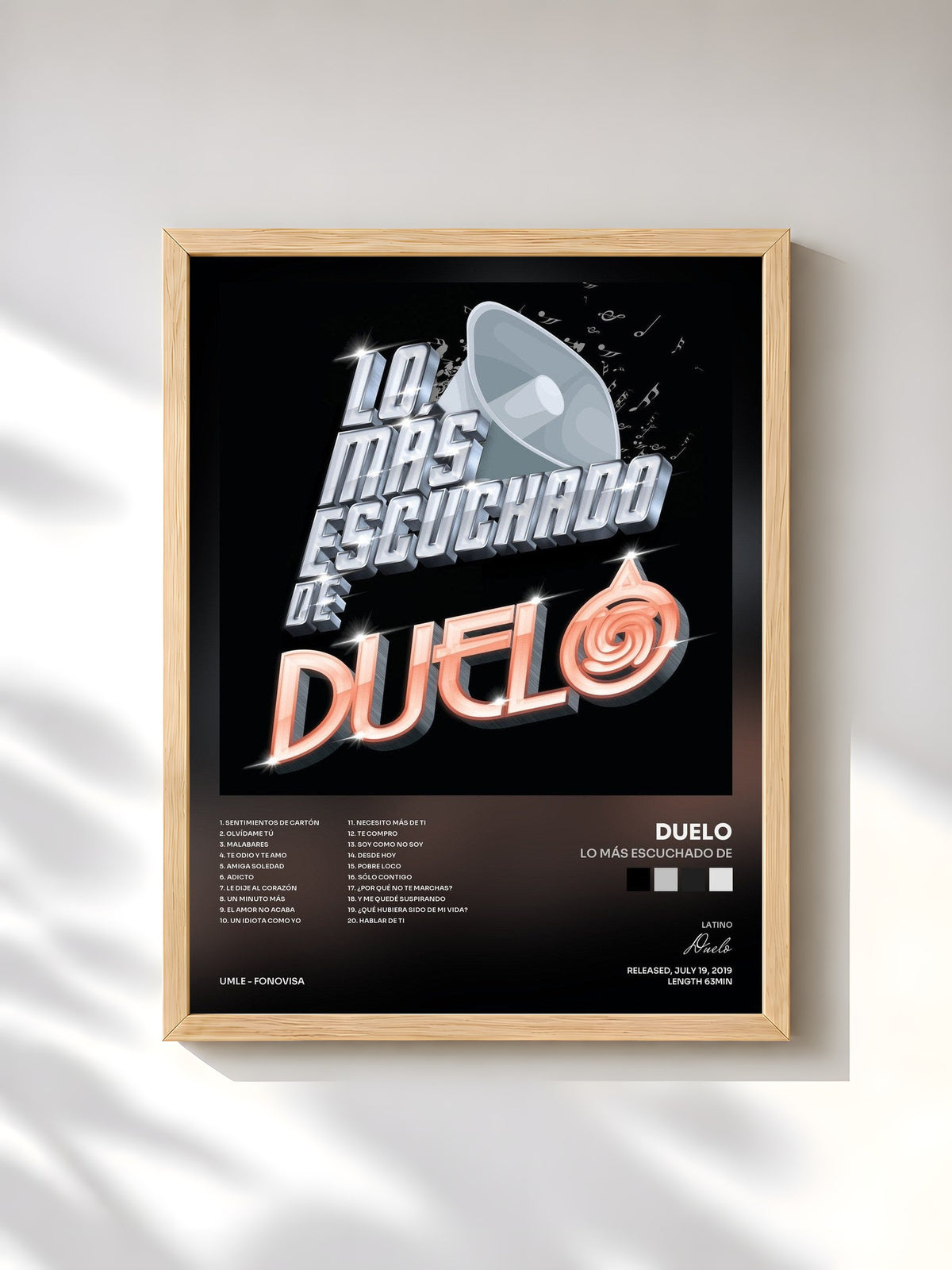 #bois Tableau de l'album Lo Más Escuchado De de Duelo, cadre en bois brut, imprimé et encadré en France