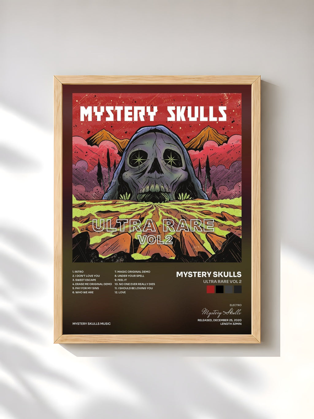 #bois Tableau de l'album Ultra Rare Vol 2 de Mystery Skulls, cadre en bois brut, imprimé et encadré en France