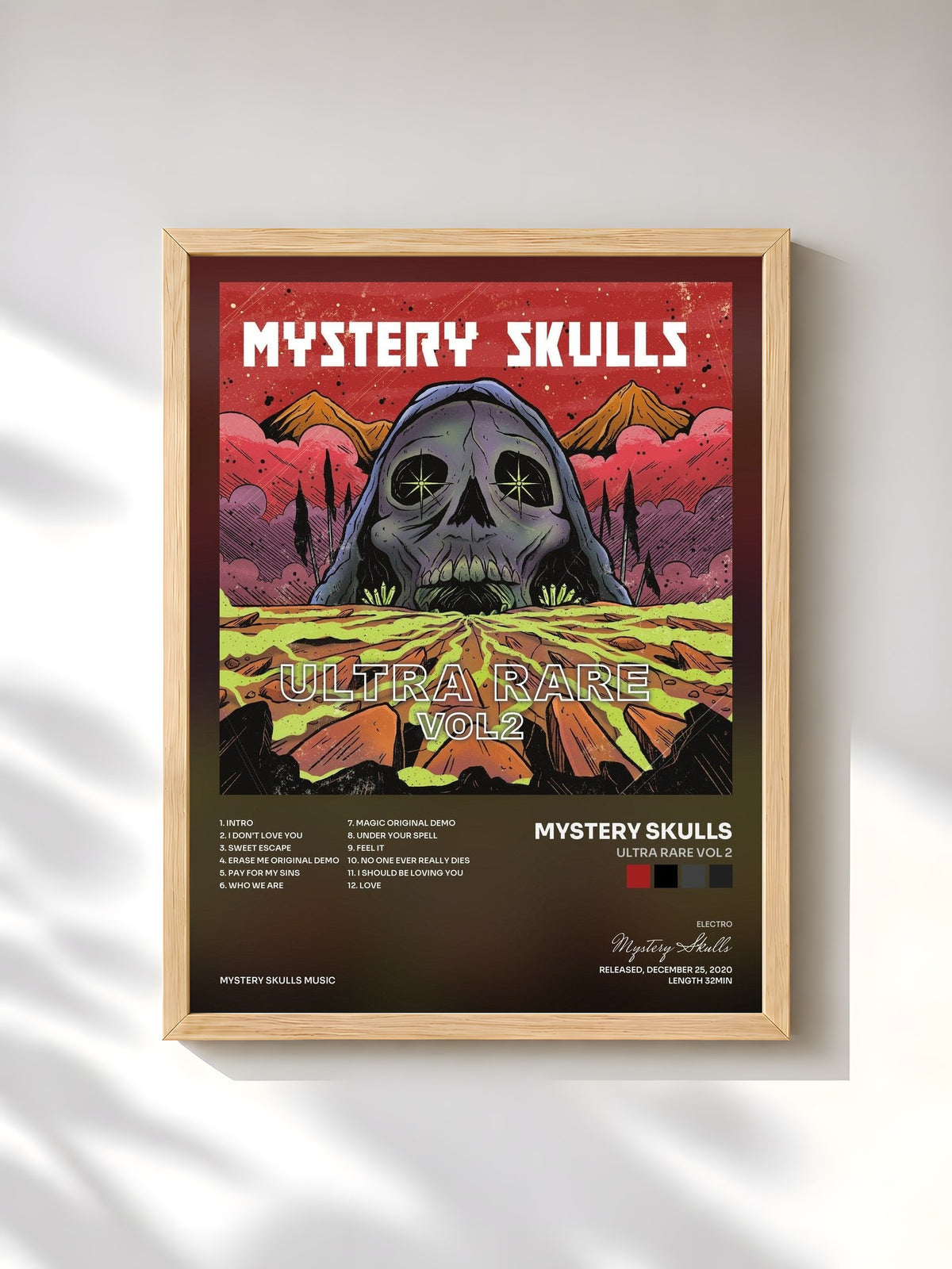 #bois Tableau de l'album Ultra Rare Vol 2 de Mystery Skulls, cadre en bois brut, imprimé et encadré en France
