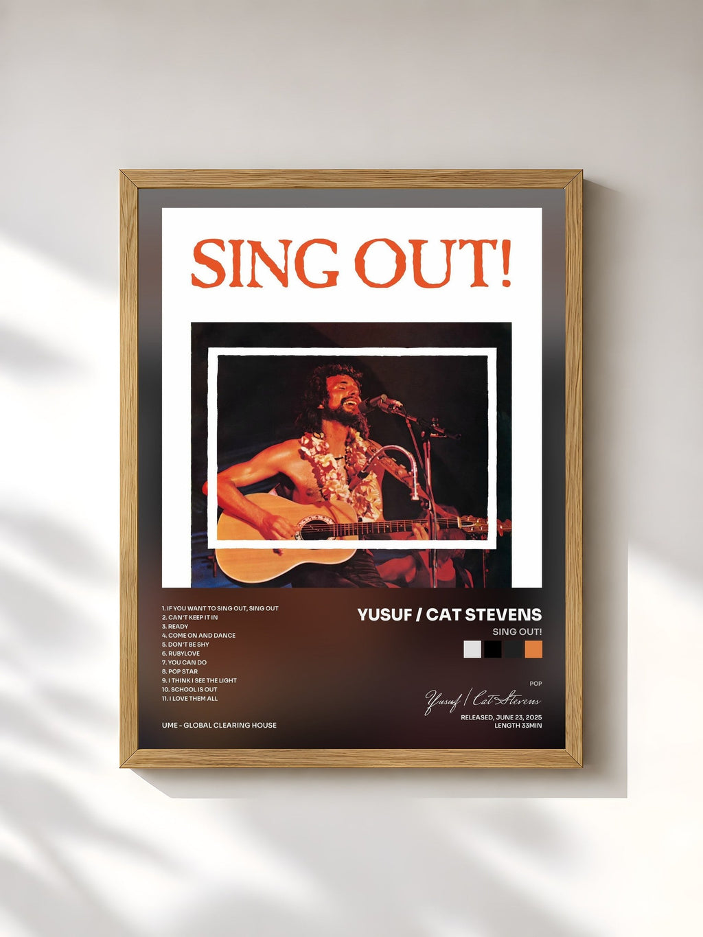 #bois Tableau de l'album Sing Out! de Yusuf / Cat Stevens, cadre en bois brut, imprimé et encadré en France