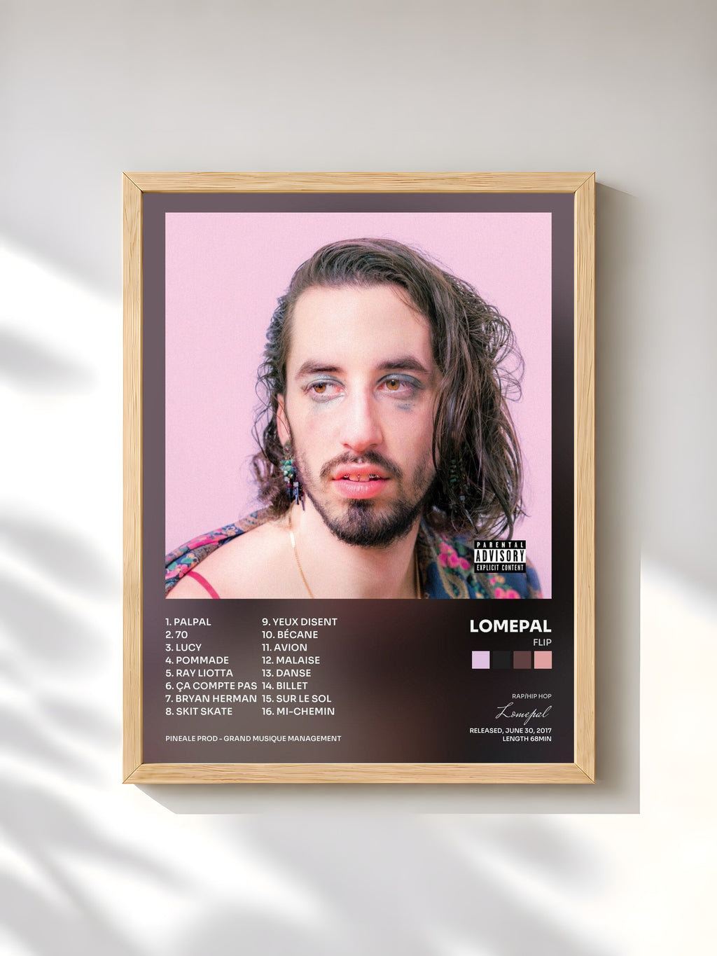 #bois Tableau de l'album FLIP de Lomepal, cadre en bois brut, imprimé et encadré en France