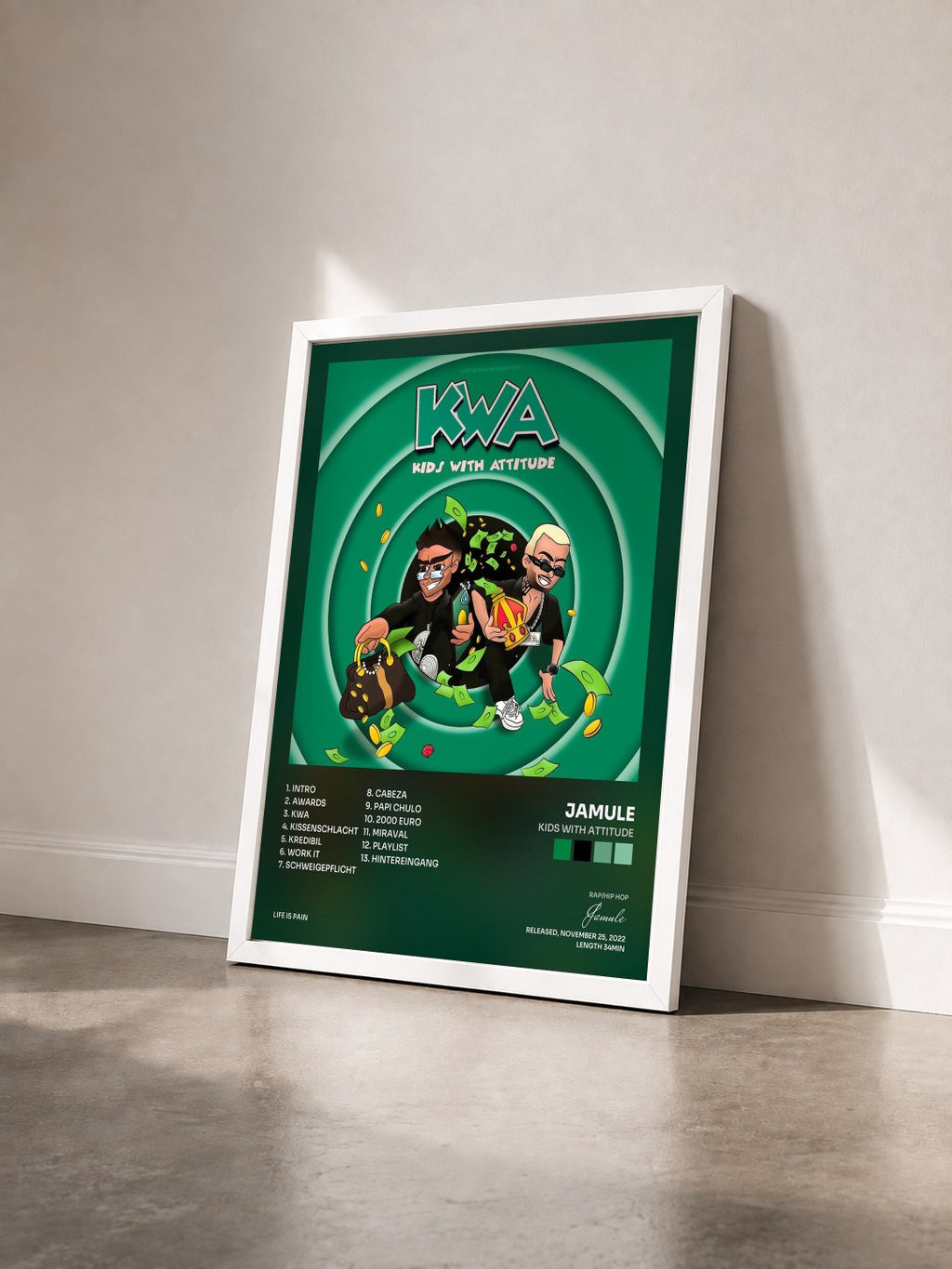 #blanc Tableau de l'album KIDS WITH ATTITUDE de Jamule vu de trois quarts, cadre blanc