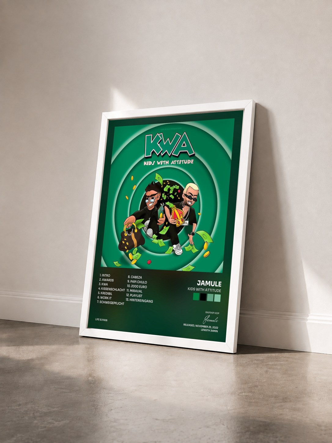#blanc Tableau de l'album KIDS WITH ATTITUDE de Jamule vu de trois quarts, cadre blanc