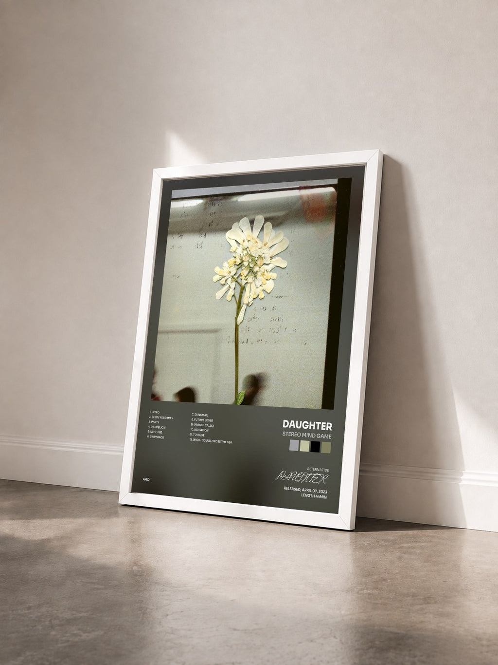 #blanc Tableau de l'album Stereo Mind Game de DAUGHTER vu de trois quarts, cadre blanc