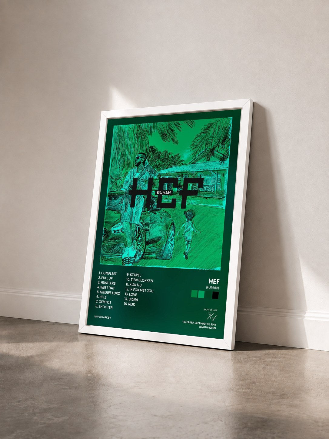 #blanc Tableau de l'album Ruman de Hef vu de trois quarts, cadre blanc