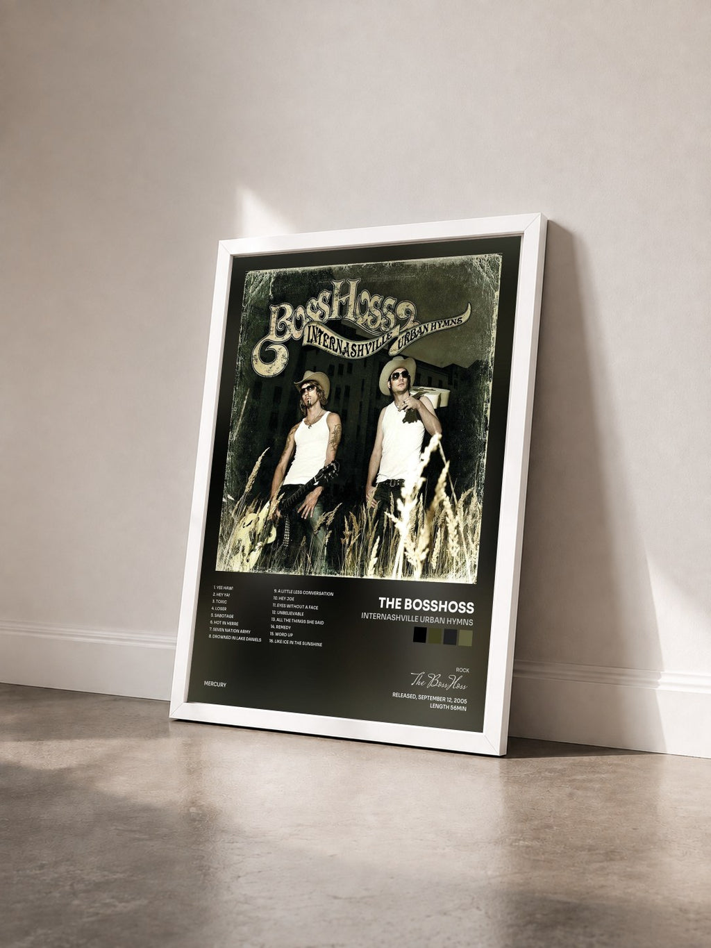 #blanc Tableau de l'album Internashville Urban Hymns de The BossHoss vu de trois quarts, cadre blanc