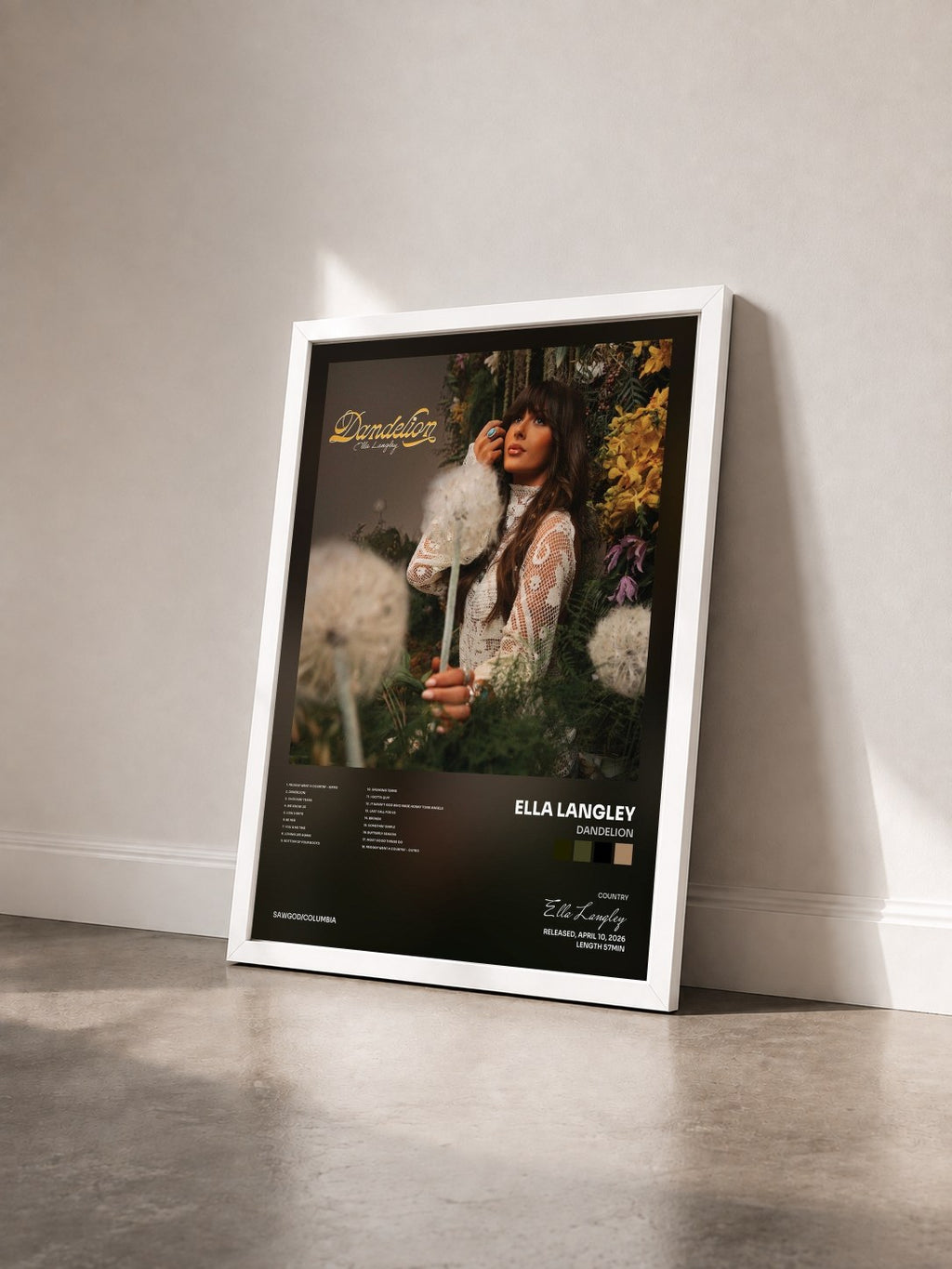 #blanc Tableau de l'album Dandelion de Ella Langley vu de trois quarts, cadre blanc