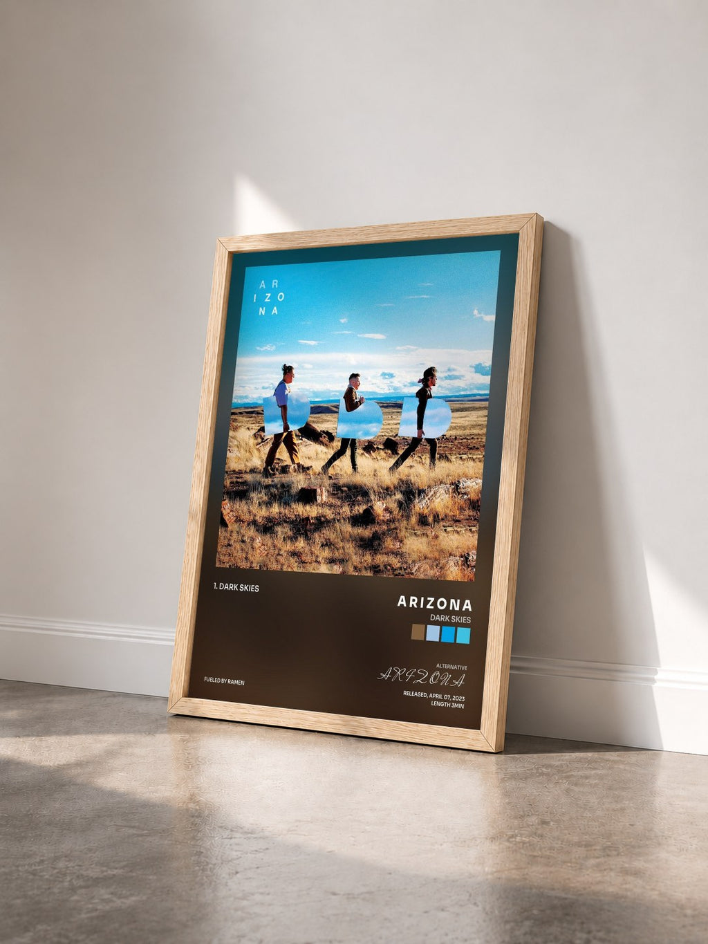 #bois Tableau de l'album Dark Skies de A R I Z O N A vu de trois quarts, cadre en bois brut