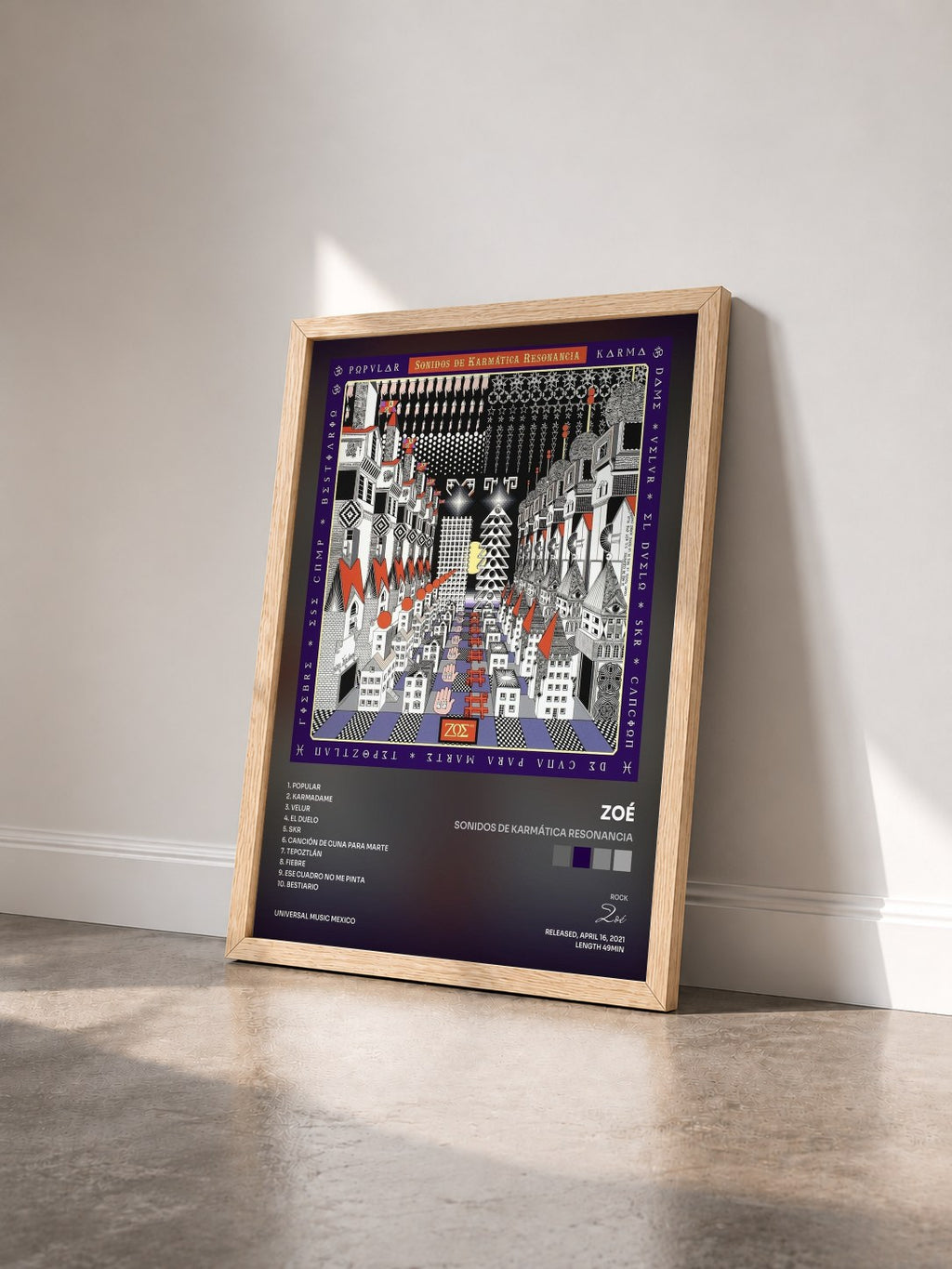 #bois Tableau de l'album Sonidos De Karmática Resonancia de Zoé vu de trois quarts, cadre en bois brut