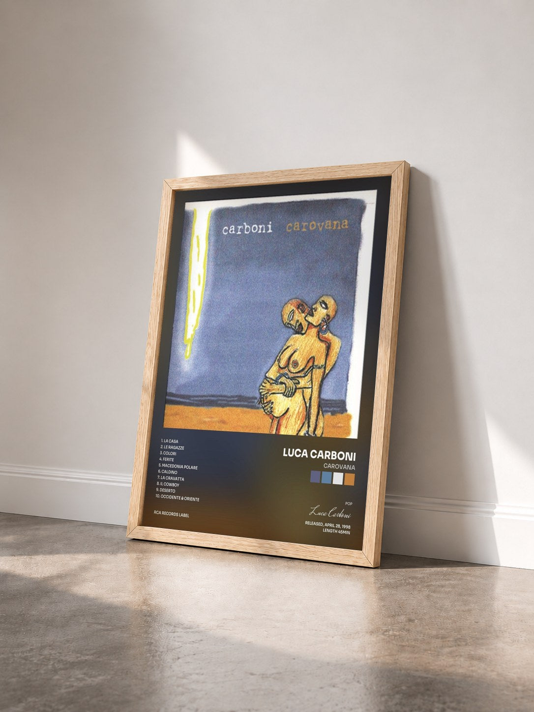 #bois Tableau de l'album Carovana de Luca Carboni vu de trois quarts, cadre en bois brut