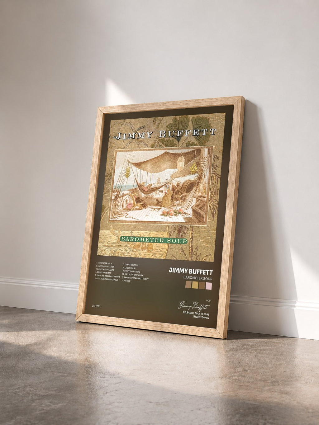#bois Tableau de l'album Barometer Soup de Jimmy Buffett vu de trois quarts, cadre en bois brut