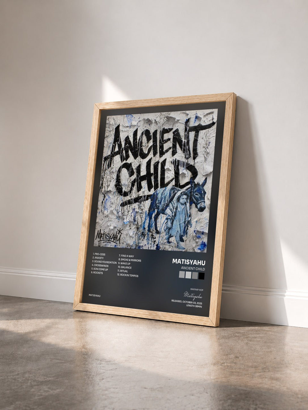 #bois Tableau de l'album Ancient Child de Matisyahu vu de trois quarts, cadre en bois brut