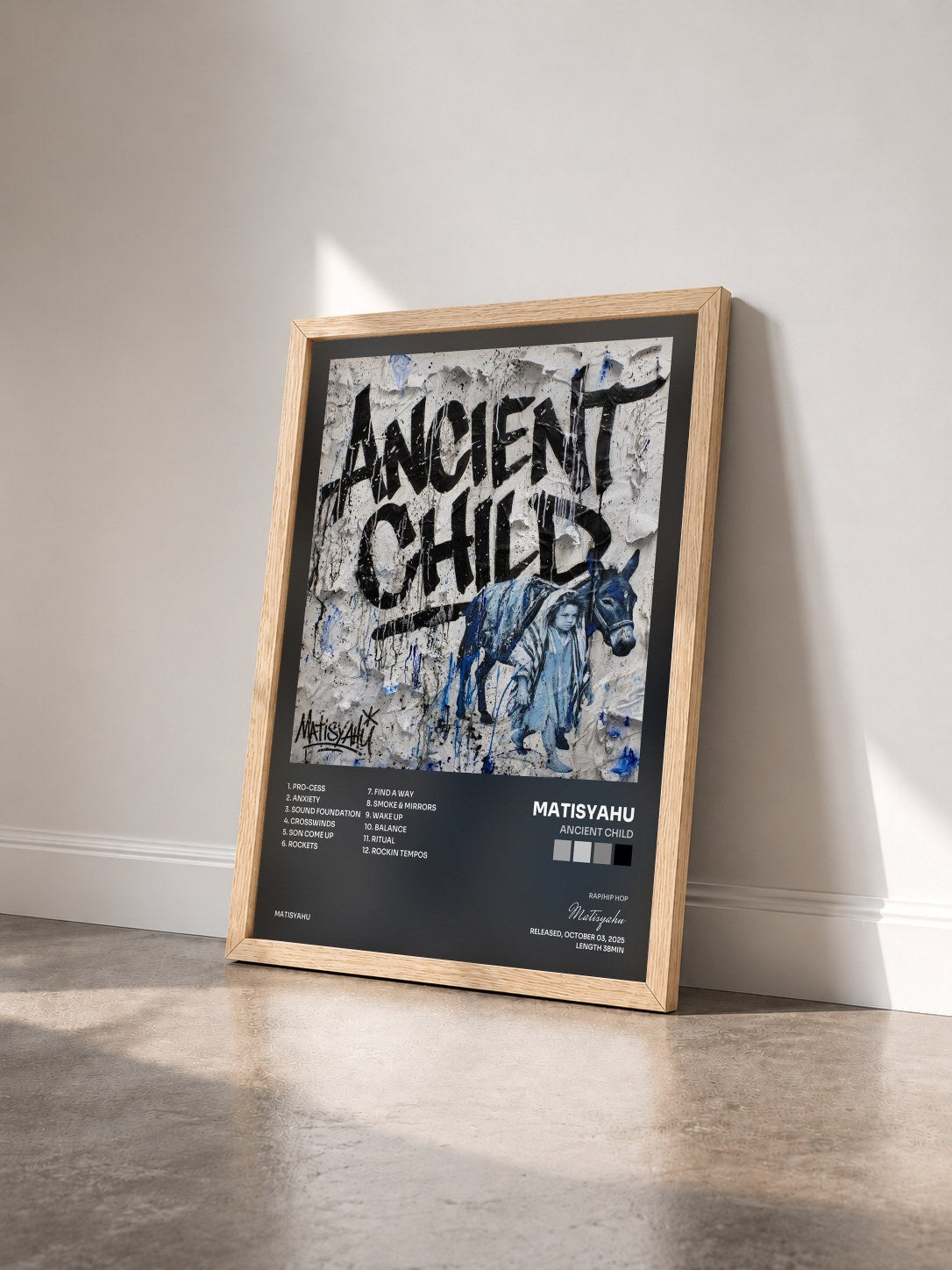 #bois Tableau de l'album Ancient Child de Matisyahu vu de trois quarts, cadre en bois brut