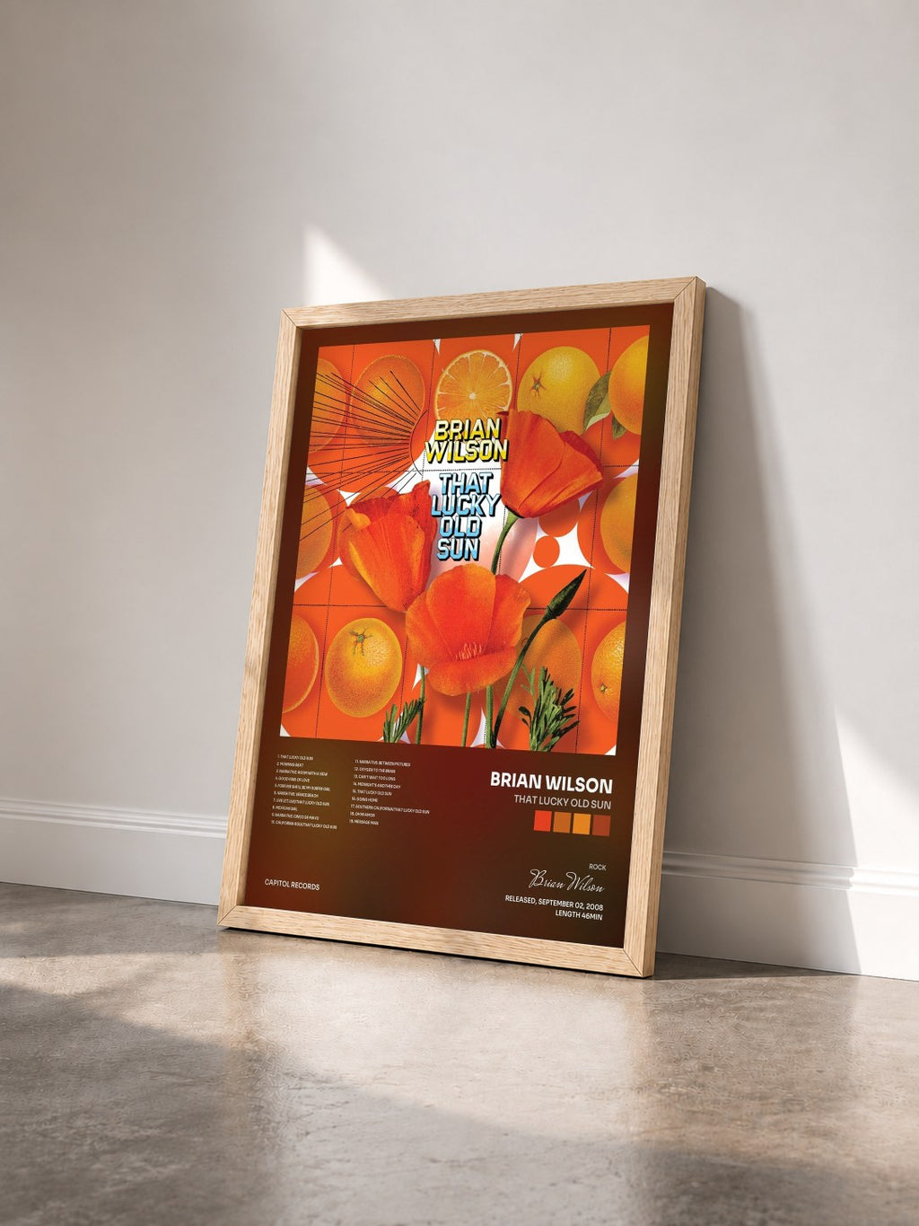 #bois Tableau de l'album That Lucky Old Sun de Brian Wilson vu de trois quarts, cadre en bois brut