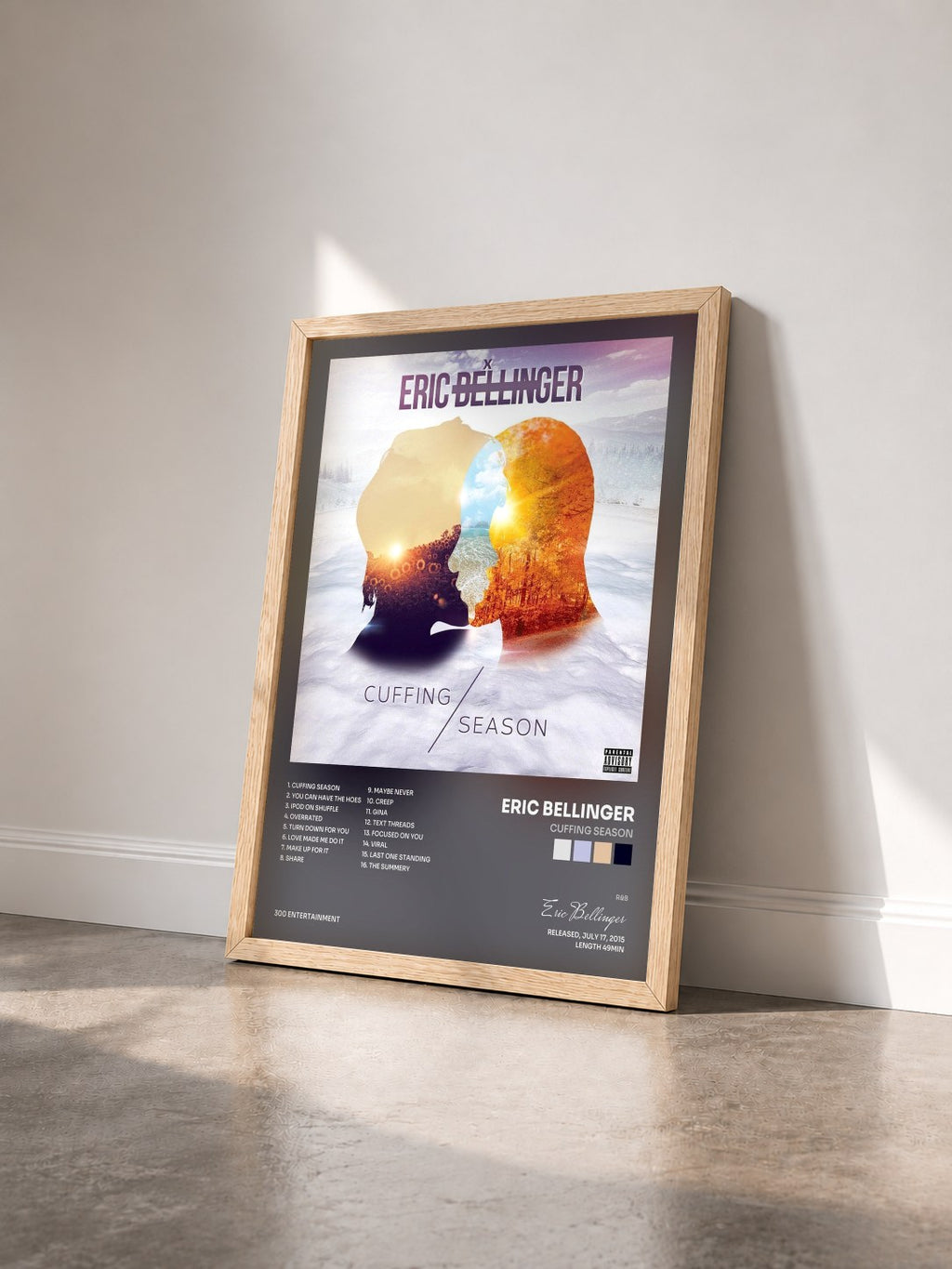 #bois Tableau de l'album Cuffing Season de Eric Bellinger vu de trois quarts, cadre en bois brut