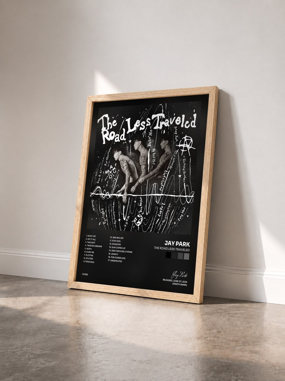 #bois Tableau de l'album The Road Less Traveled de Jay Park vu de trois quarts, cadre en bois brut