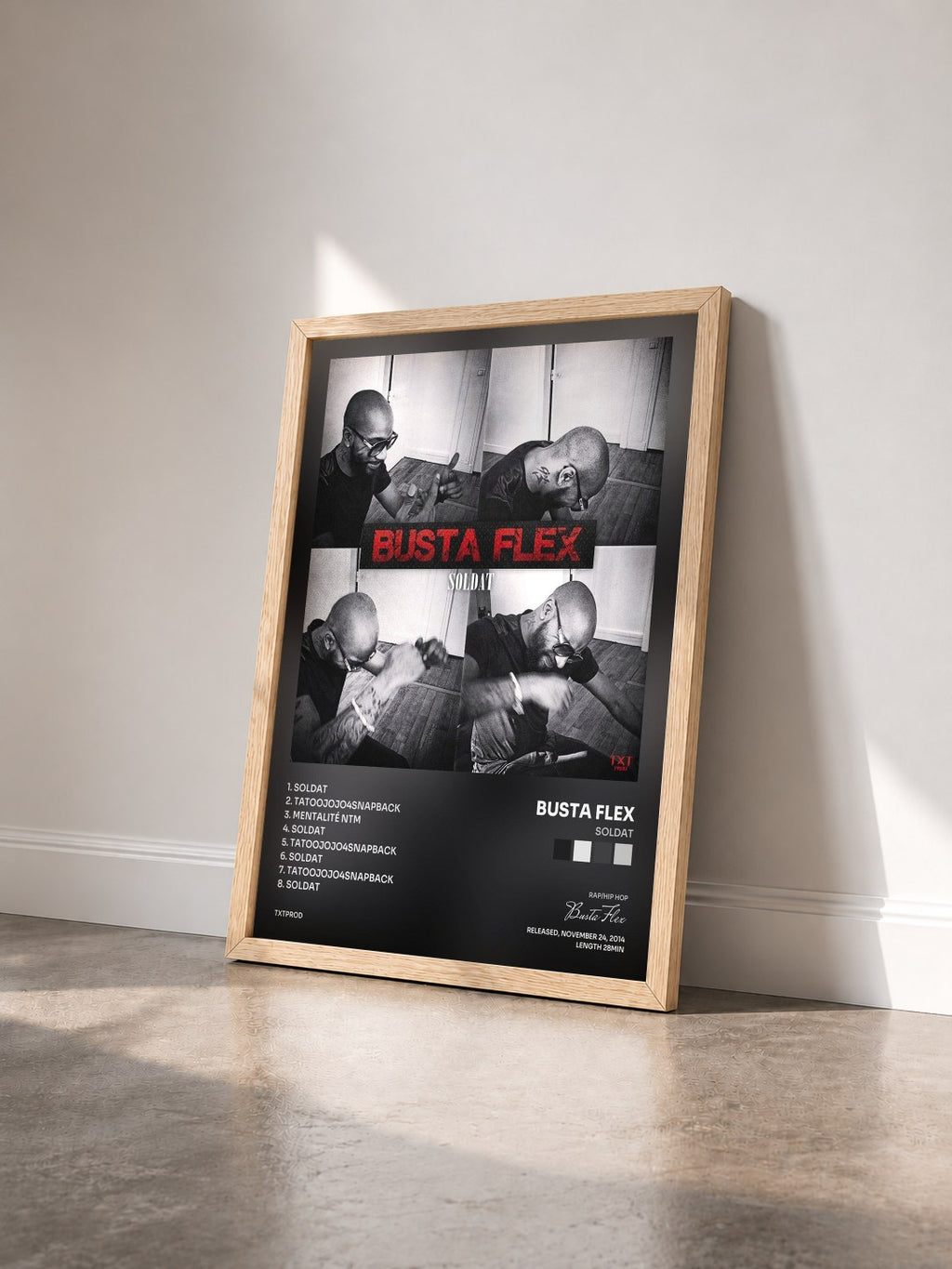 #bois Tableau de l'album Soldat de Busta Flex vu de trois quarts, cadre en bois brut