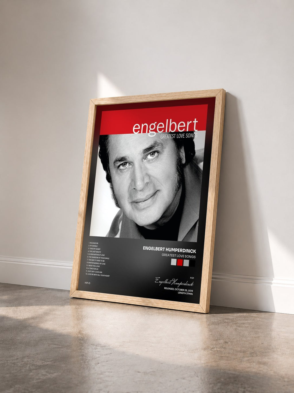 #bois Tableau de l'album Greatest Love Songs de Engelbert Humperdinck vu de trois quarts, cadre en bois brut