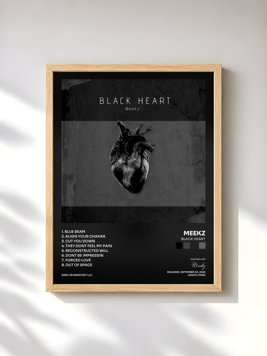 #bois Tableau de l'album Black Heart de Meekz, cadre en bois brut, imprimé et encadré en France
